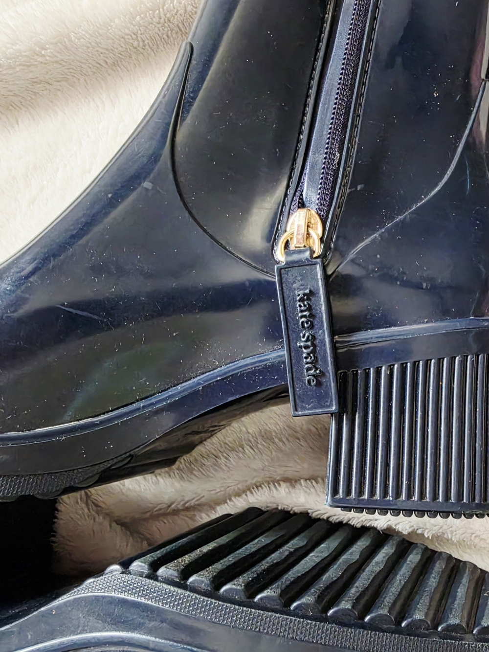kate spade Glossy Navy Zip Heel Rain Booties